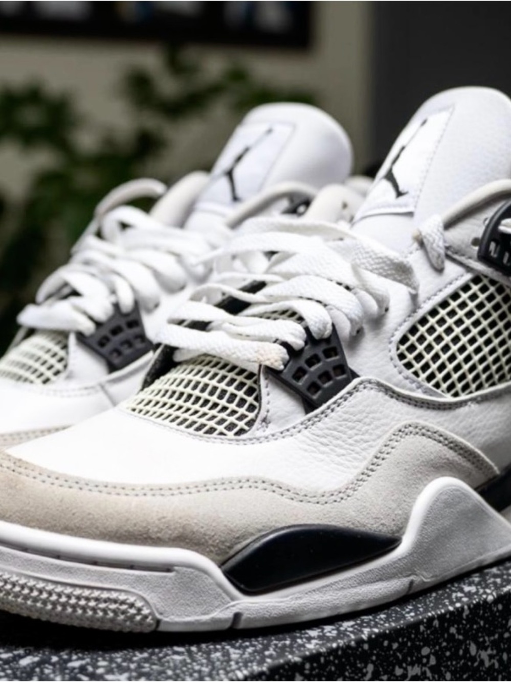 Jordan 4s Military Black Retro Sneakers in White, Light Gray & Black